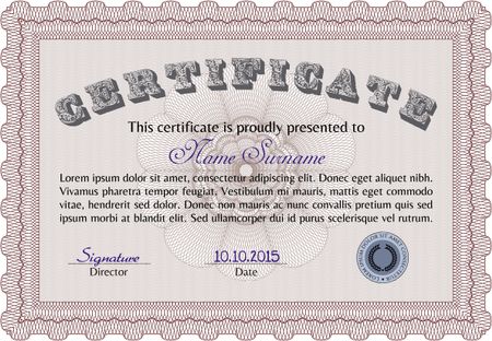 Diploma or certificate template. Excellent design. With complex linear background. Vector certificate template.