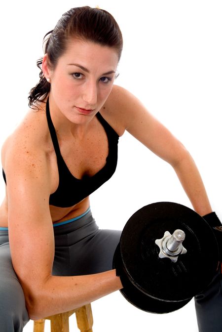 fit girl lifting lifting weights in a gym over a white background