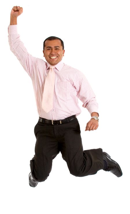 Business man jumping of success over a white background