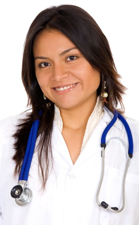female latin american doctor smiling over a white background