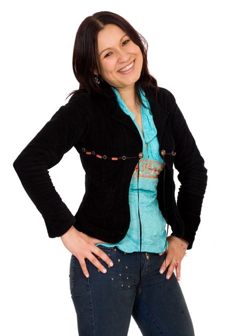 casual woman smiling dressed in black and cyan over a white background