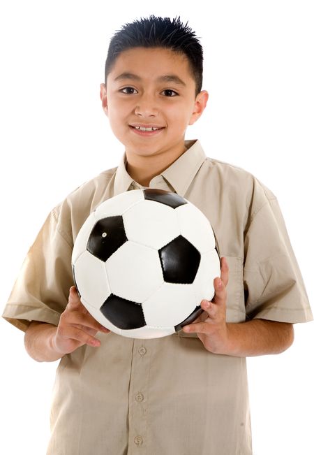 child with a football ball over a white background