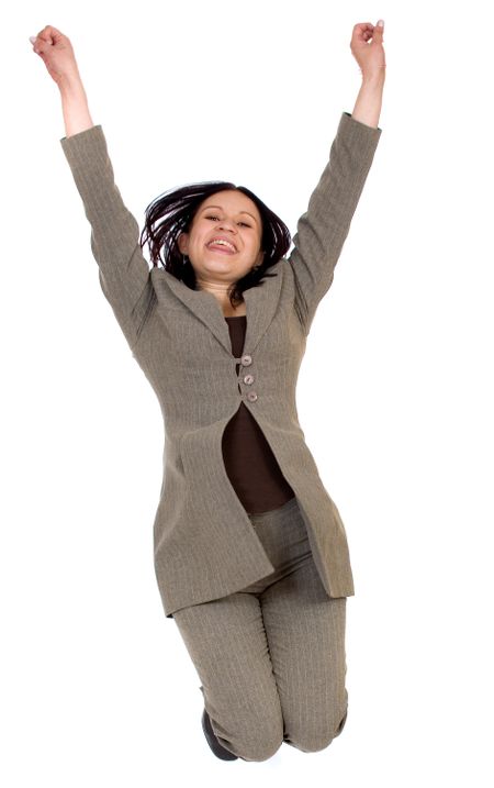 business woman jumping in the air over a white background