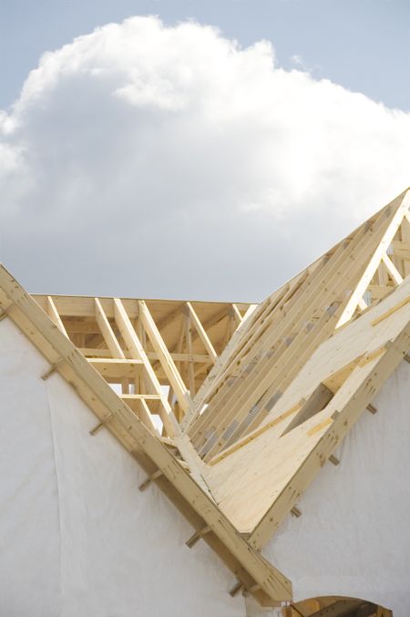 Rafters of house under construction, with cumulus cloud in the background