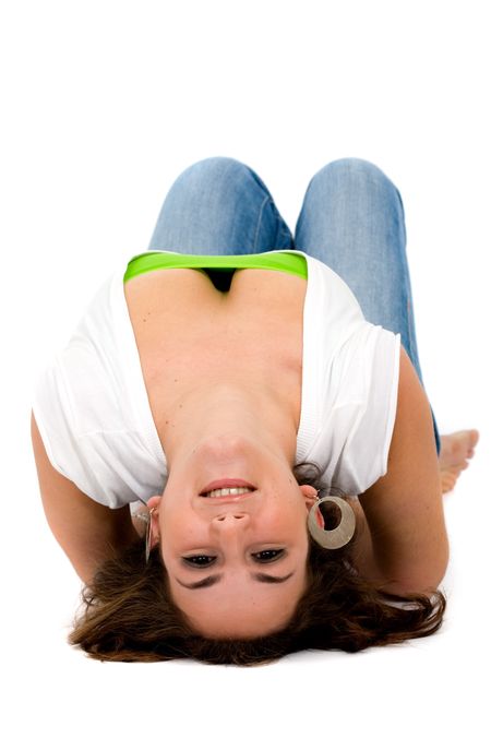Beautiful girl portrait on the floor in a nice angle over white