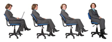 business woman in various positions on an office chair isolated