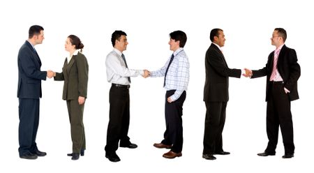 Three business couples shaking hands isolated