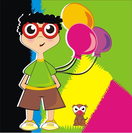 Illustration of a boy cartoon with balloons and a dog