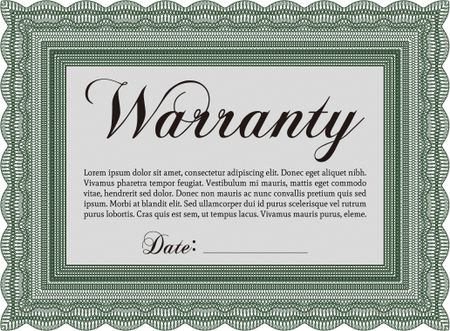 Sample Warranty certificate template. Complex border design. Perfect style. With complex background. 