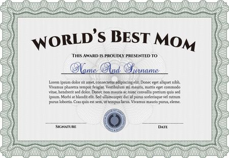 World's Best Mom Award. Detailed.Good design. With great quality guilloche pattern. 