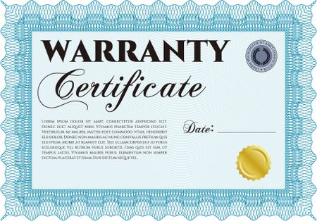 Warranty Certificate template. Perfect style. Complex frame. With sample text. 