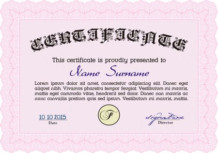 Sample Certificate. Printer friendly. Retro design. Border, frame.