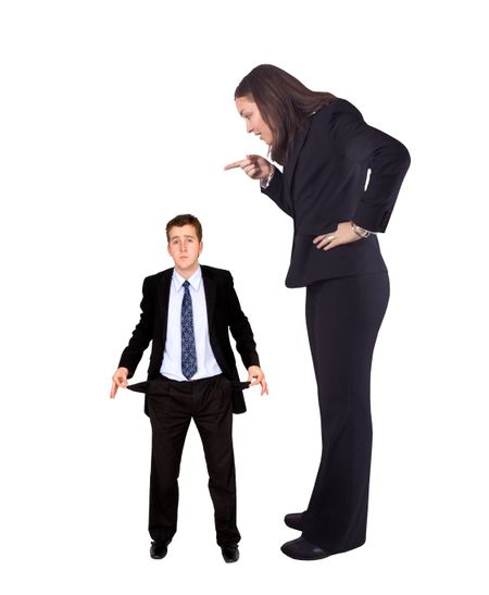 business woman telling off his broke partner isolated
