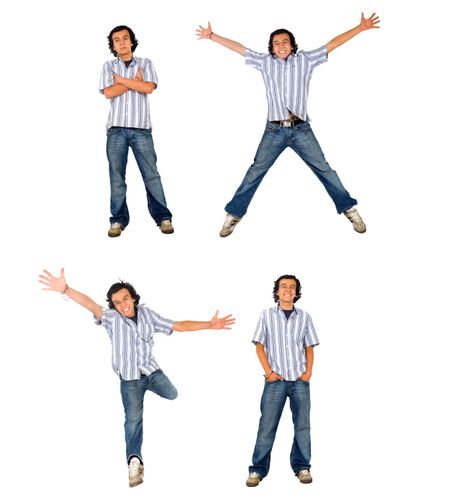 Casual friendly man in different positions isolated