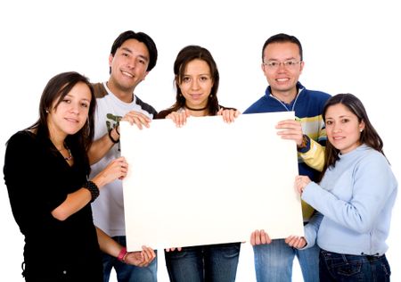 casual group of students holding a banner isolated over a white background
