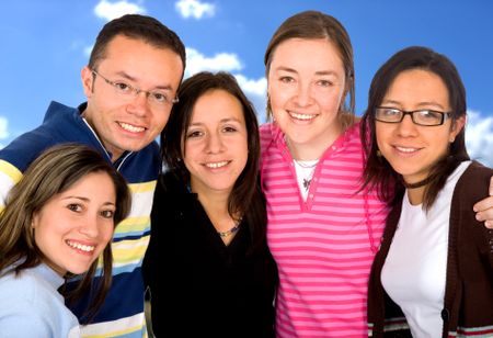 group of happy friends isolated over a white background