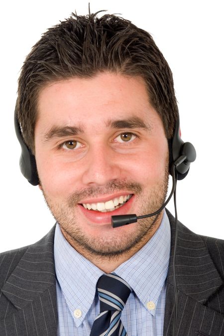 Business customer support guy smiling - isolated over a white background