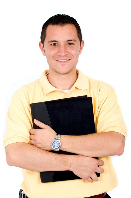 casual guy holding a folder in yellow isolated over a white background
