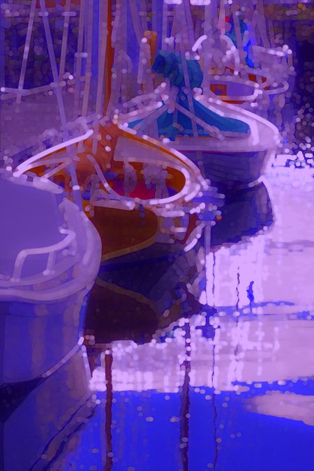 Sailboat dreams (one of a series): Abstract of sailboats tied up at marina dock, mostly shades of blue, with one yacht red