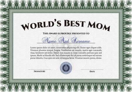 Award: Best Mom in the world. Detailed.Retro design. With guilloche pattern. 