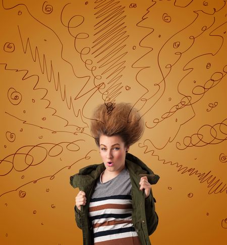 Excited young woman with extreme hairtsyle and hand drawn lines concept on background