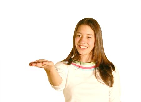 girl with hand up for showing a product