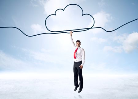 Businessman hanging on a cloud rope