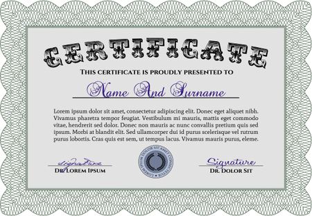 Sample Certificate. Printer friendly. Retro design. Border, frame.