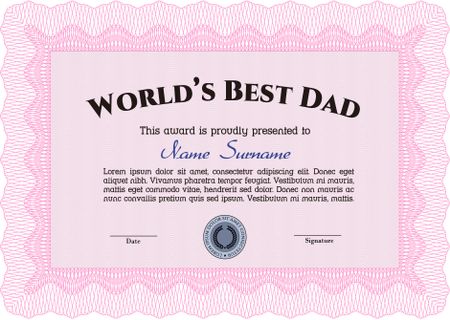 Best Father Award Template. Vector illustration.With guilloche pattern and background. Cordial design. 