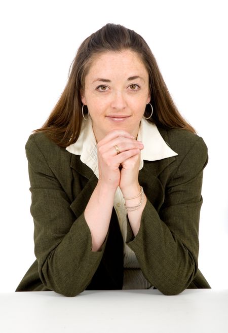confident business woman on a table isolated over a white background