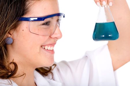 chemistry student smiling over a white background