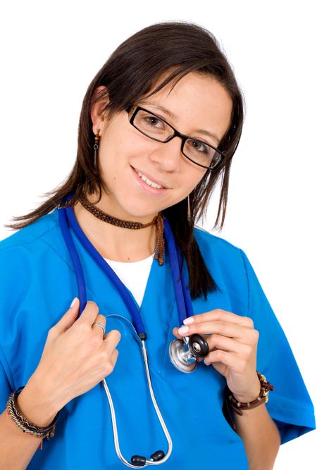 friendly female nurse in blue isolated over a white background