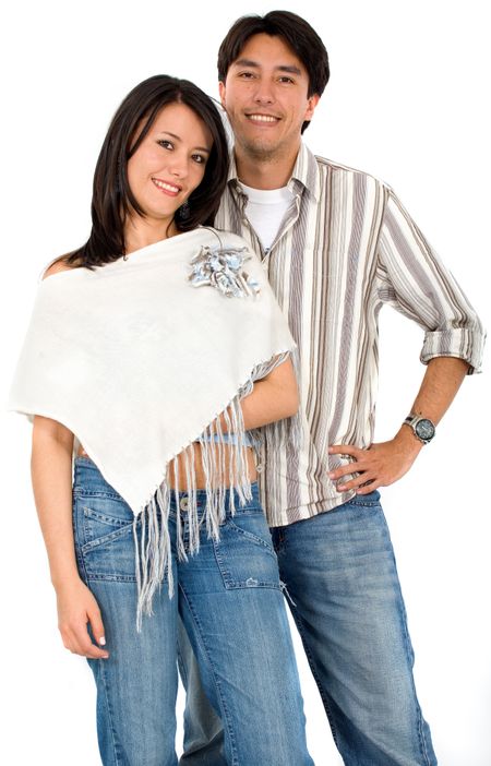 brother and sister smiling isolated over a white background