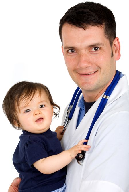 male pediatrician and a baby girl where both are smiling and isolated over a white background