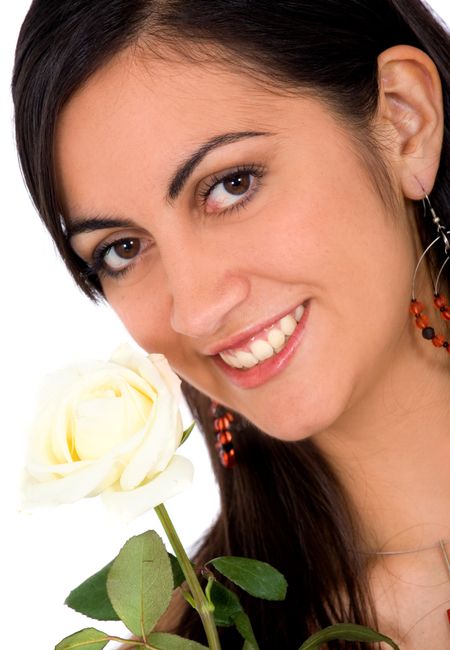 Beautiful Bride with white rose smiling isolated over a white background