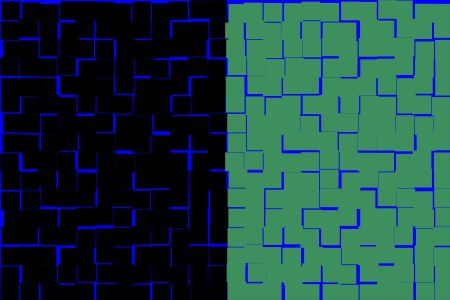 Split background, half black half green, with overlay pattern of blue tiles, for themes of duality or commonality