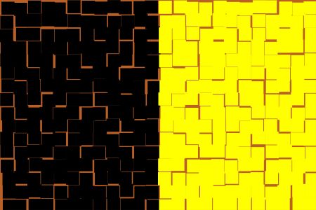 Split background, half black half yellow, with overlay pattern of red tiles, for themes of duality or commonality