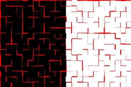 Split background, half black half white, with overlay pattern of red tiles, for themes of duality or commonality