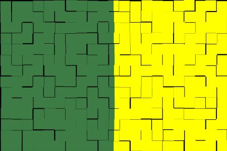 Split background, half green half yellow, with overlay pattern of black tiles, for themes of duality or commonality