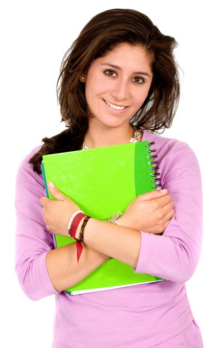 female college student smiling in pink - isolated over a white background