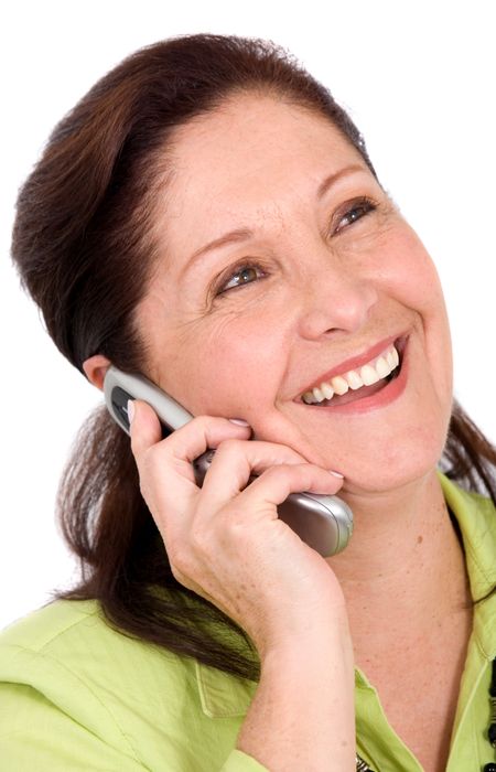 happy business woman on the phone - isolated over a white background