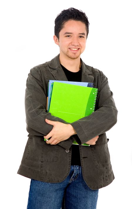casual young male student standing with notebooks - isolated over a white background
