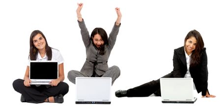 business women on the floor with a laptop computer isolated