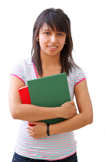 beautiful student with notebooks smiling isolated over white