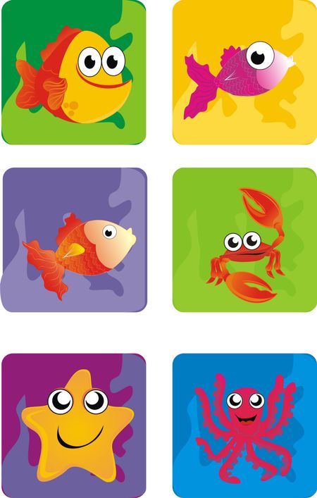 Sea animals illustrations in squared colorful backgrounds