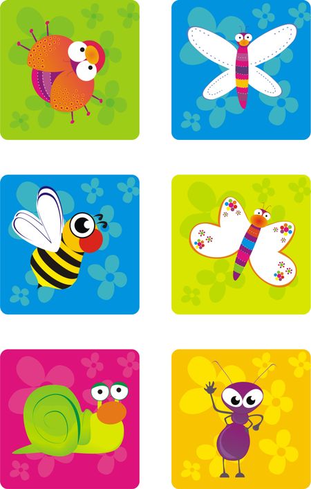 Little bugs illustration in squared colorful backgrounds