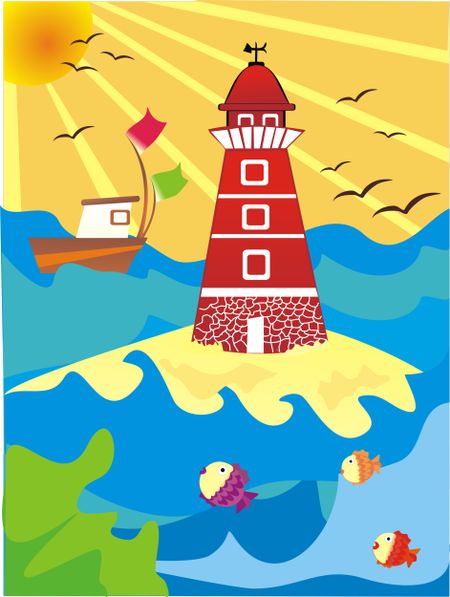 Beautiful lighthouse illustration in a sunny beach