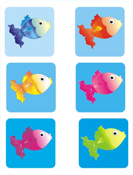 Colourful fish illustration on blue squared backgrounds