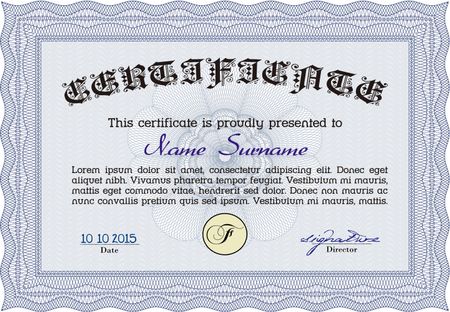 Certificate template or diploma template. With great quality guilloche pattern. Sophisticated design. Vector illustration.