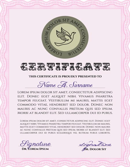 Pink vertical Diploma or certificate template. Cordial design. Printer friendly. Vector pattern that is used in currency and diplomas.